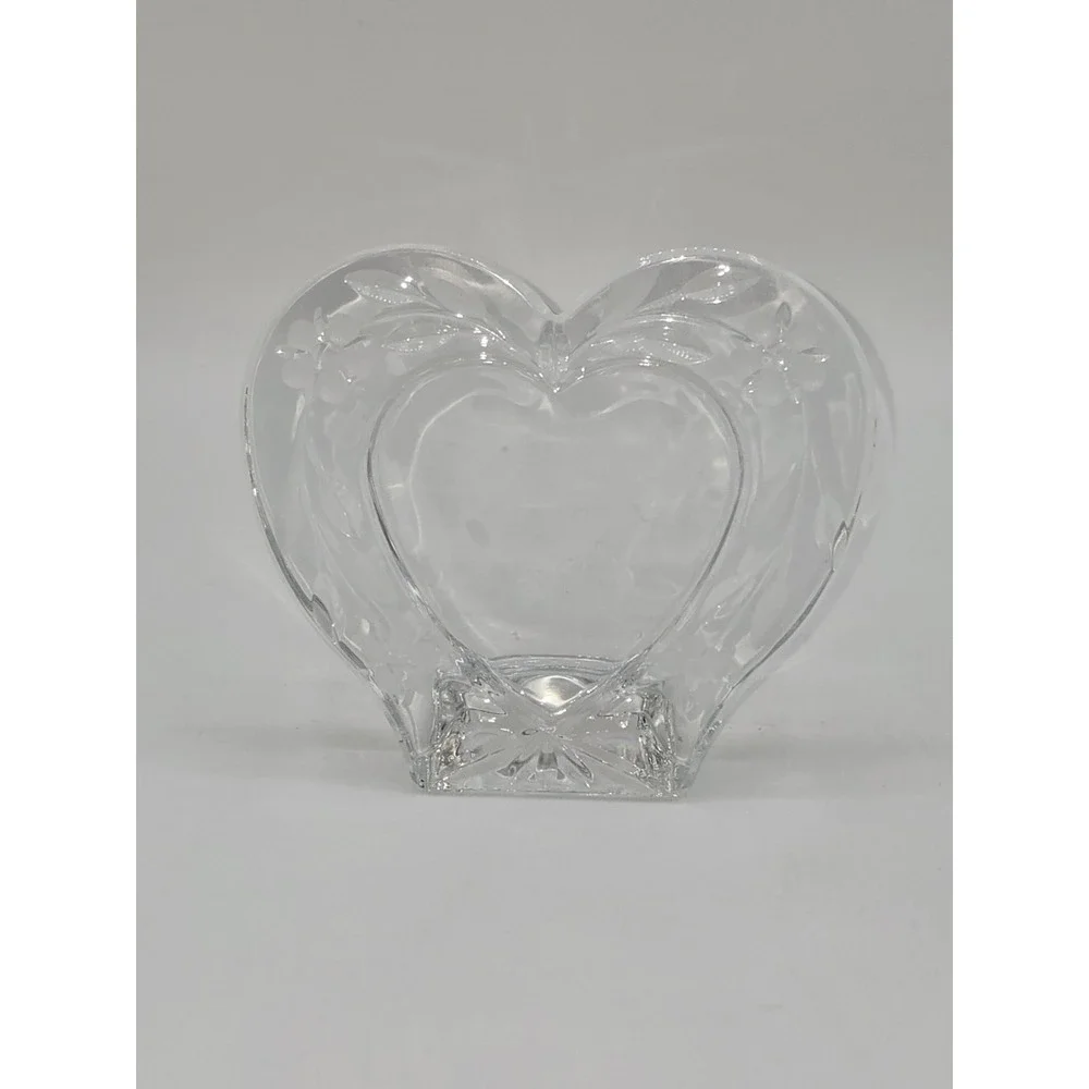 Vintage Crystal Heart Picture Frame Etched Floral Glass Freestanding Photo Frame
